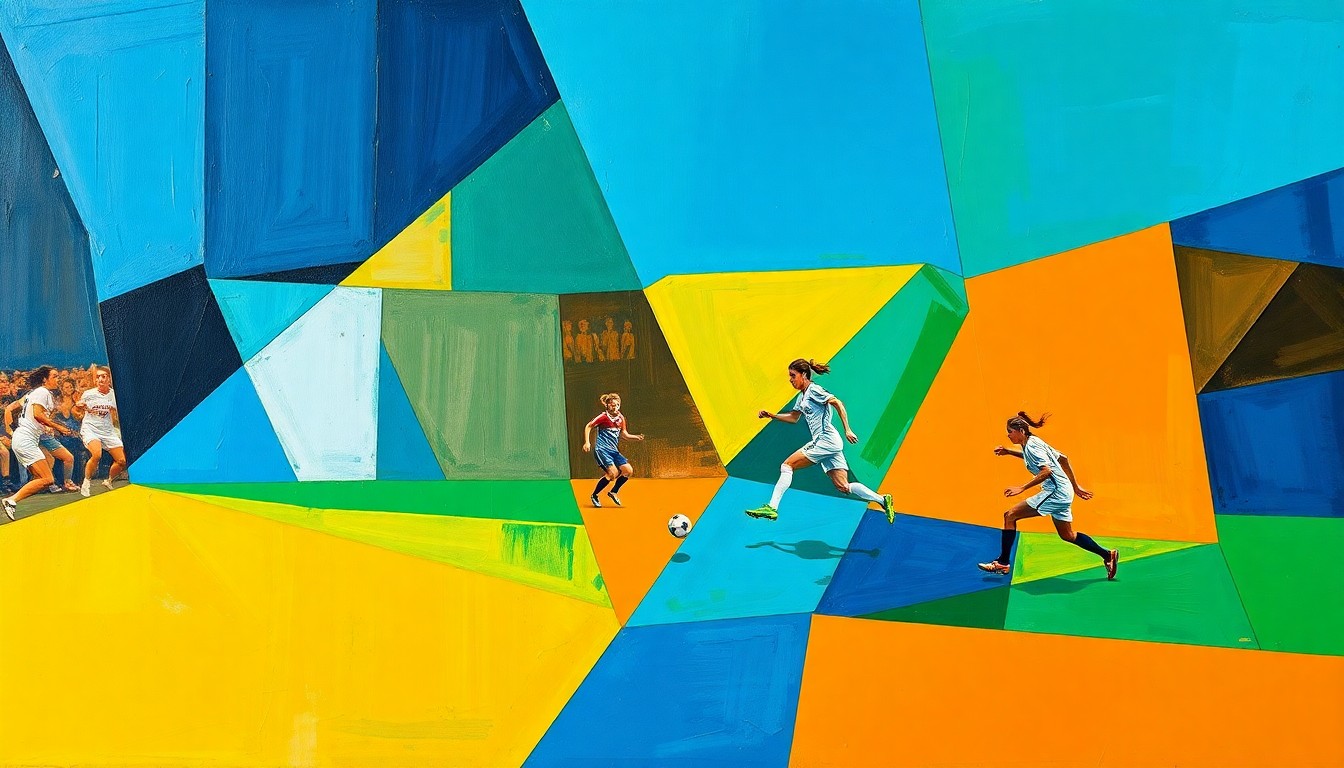 A fragmented, cubist-style painting depicting the chaotic action of a women's soccer match, with players and the field broken down into sharp, overlapping geometric shapes in vibrant blues, greens, and oranges.