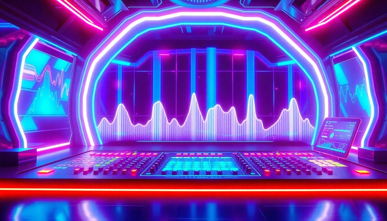 A highly detailed, glowing 3D illustration of a futuristic, cyberpunk-inspired music production interface with pulsing neon lights, digital waveforms, and floating control panels, conceptually representing the advanced AI technology behind ElevenLabs' new music creation app.