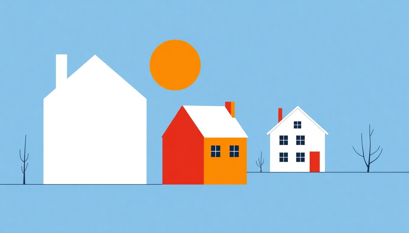 A minimalist abstract illustration using geometric shapes and primary colors to represent the key economic factors impacting long-term housing demand, such as government debt, declining fertility, inflation, and technological shifts.