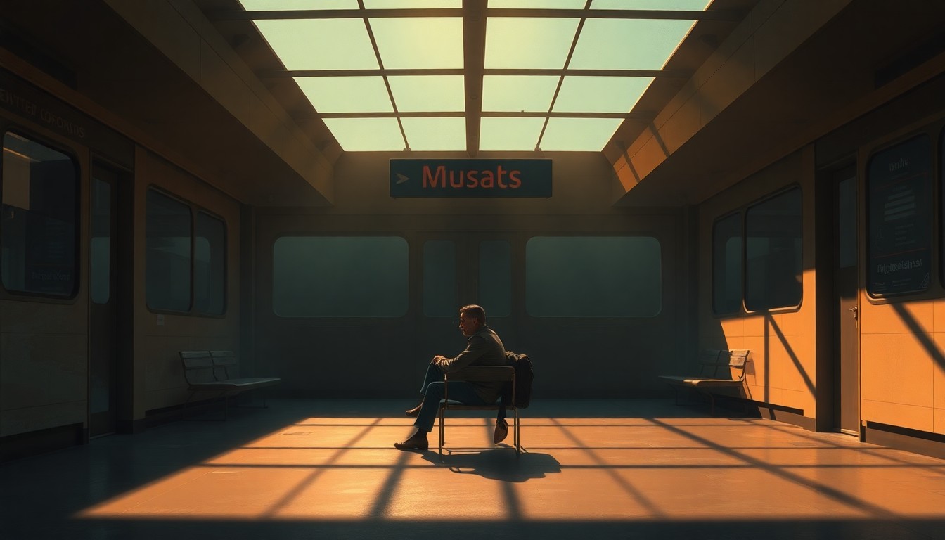 A solitary immigrant sits alone in an empty bus station, the warm light and deep shadows creating a pensive, melancholy mood.