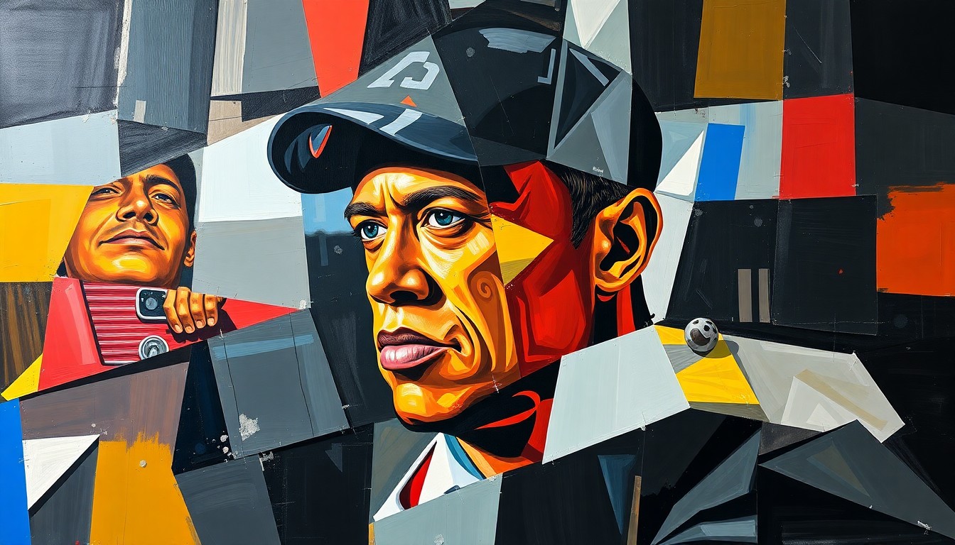 A fragmented, geometric painting in the style of Pablo Picasso, depicting various elements related to Tiger Woods' car accident and legal issues, including a crashed vehicle, police lights, and abstract shapes, without any identifiable faces or text.