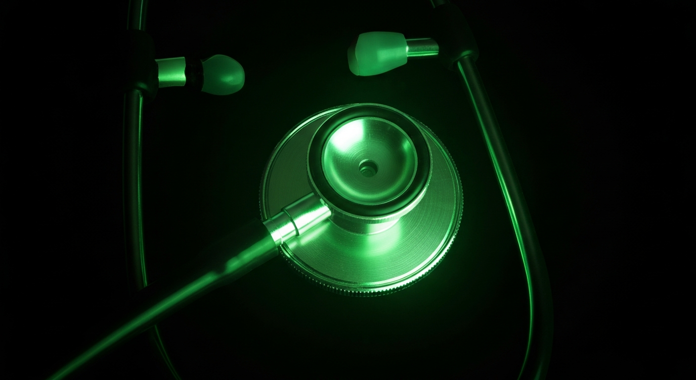 A ghostly, translucent X-ray image of a stethoscope, its internal structure glowing with a faint blue light against a dark background, conceptually representing the complex legal landscape of the health care industry.