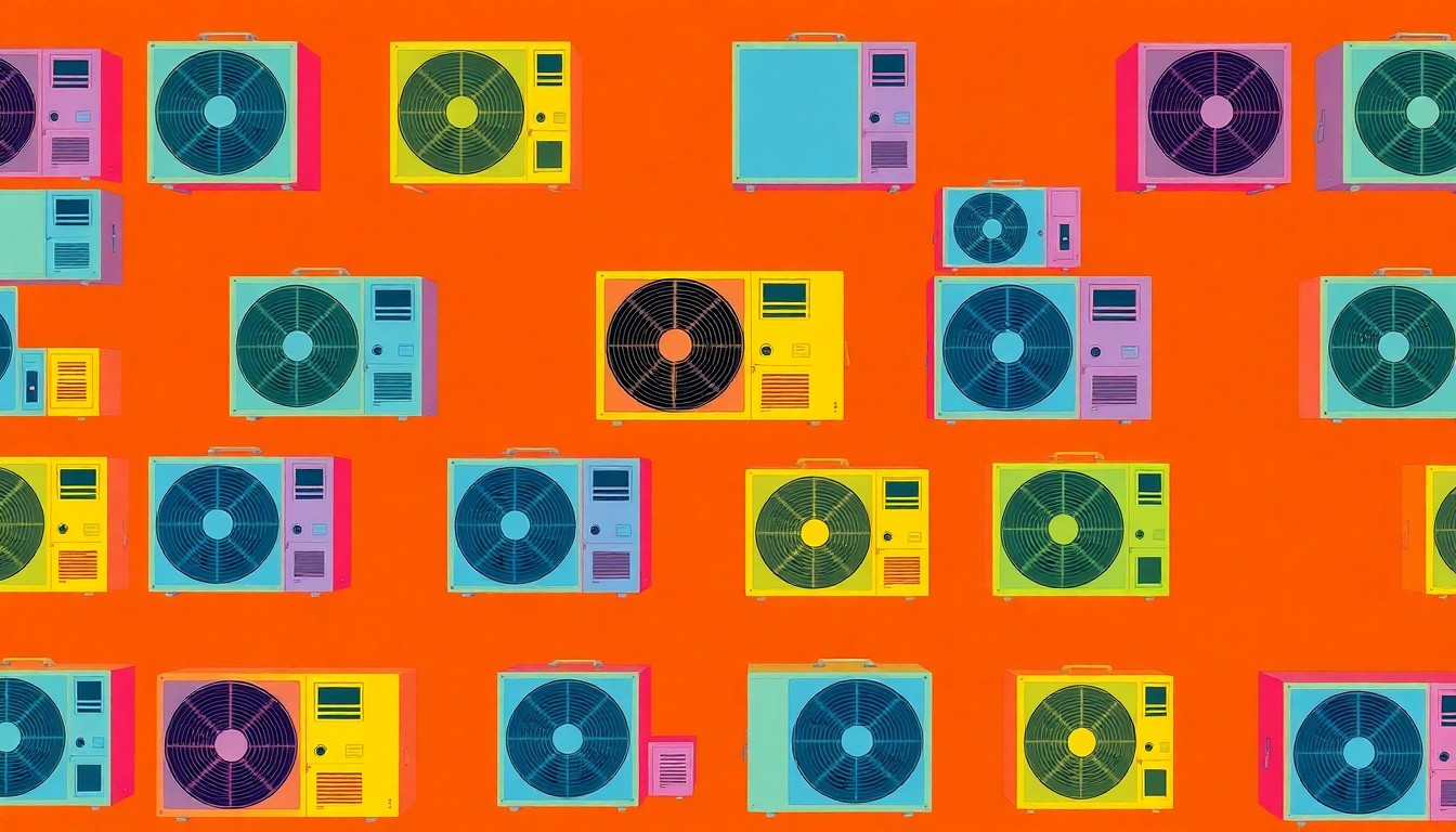 A bold, colorful silkscreen-style illustration featuring a central air conditioning unit repeated in a grid pattern, capturing the modern, vibrant aesthetic of the HVAC company's services.