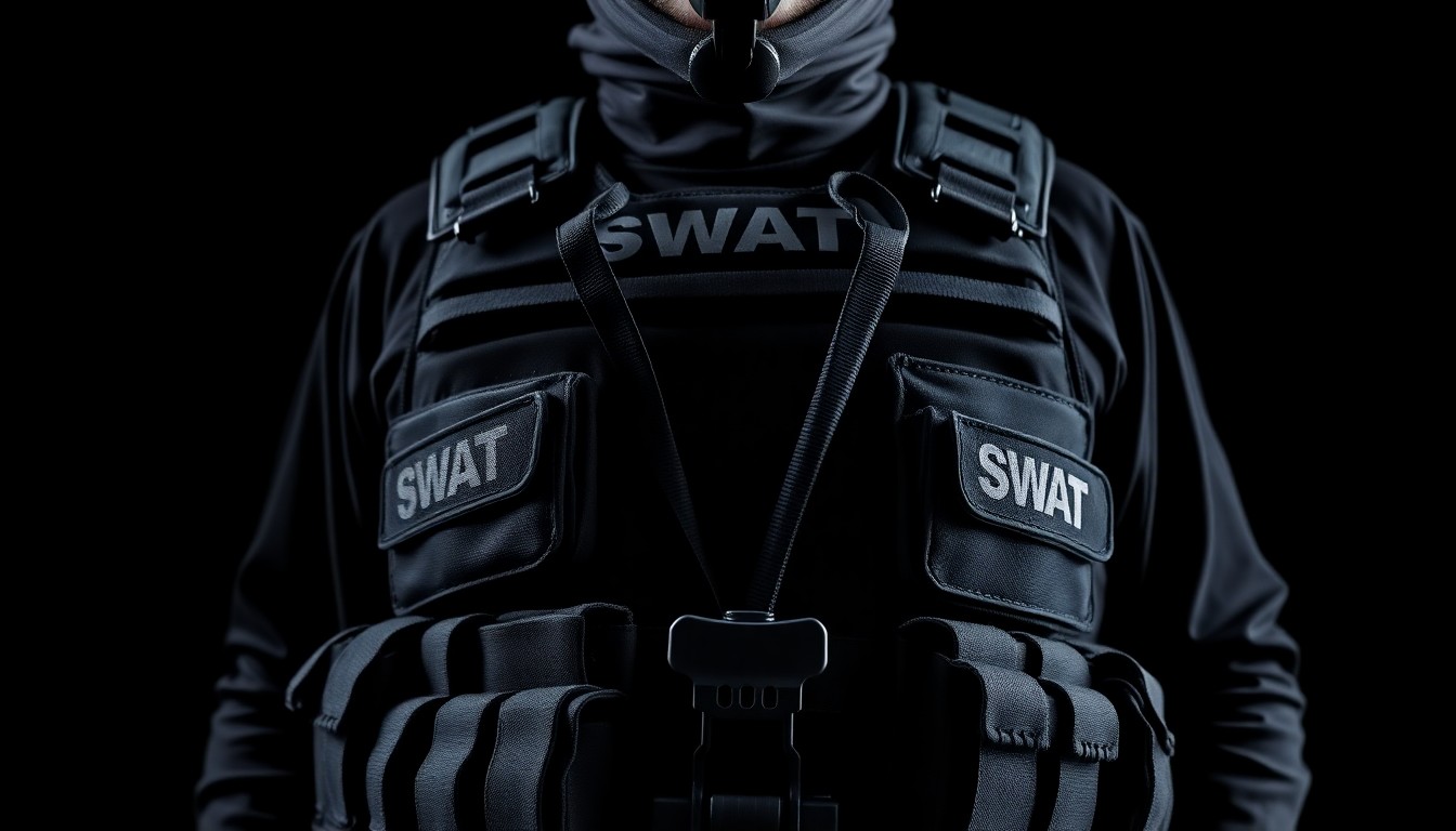 An extreme close-up photograph of a SWAT team member's tactical vest and utility belt, with a harsh direct camera flash illuminating the textured materials and equipment against a pitch-black background.