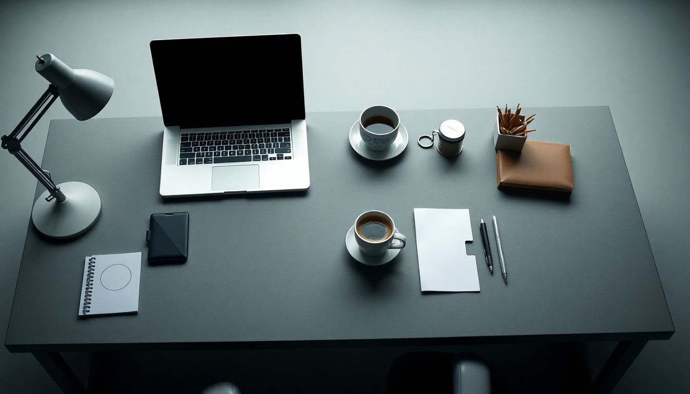 A minimalist, high-end studio photograph featuring a modern desk setup with a laptop, coffee cup, and other office supplies, representing the tools and environment of successful entrepreneurs.