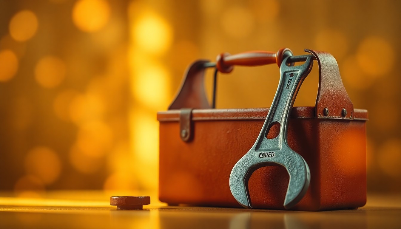 An extremely abstracted, out-of-focus photograph of a plumber's toolbox and wrench, with soft, warm pools of light and color, conceptually representing the personalized and reliable plumbing services offered by Local Plumbing and Drain Company.