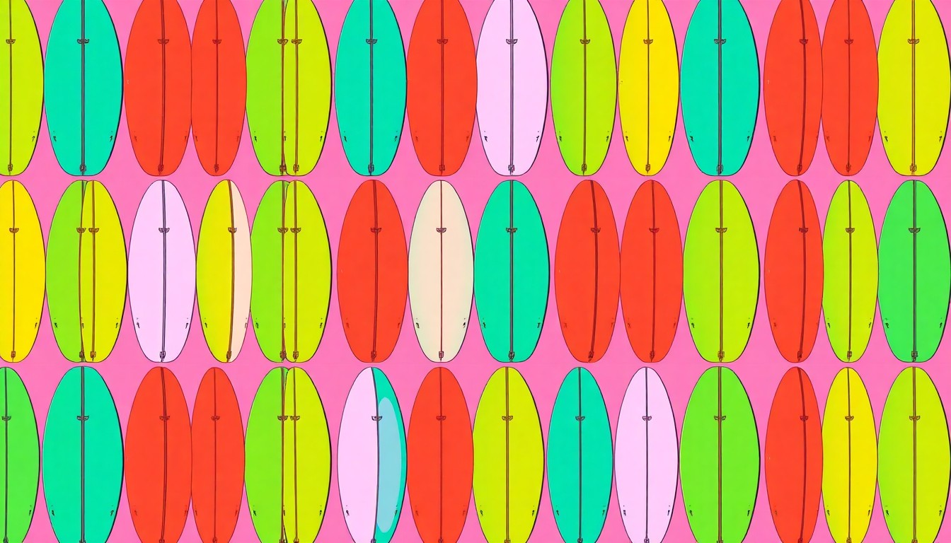 A brightly colored, high-contrast silkscreen print of a single, iconic surfboard repeated in a tight grid pattern, capturing the thrill and risk of surfing in Hawaii.