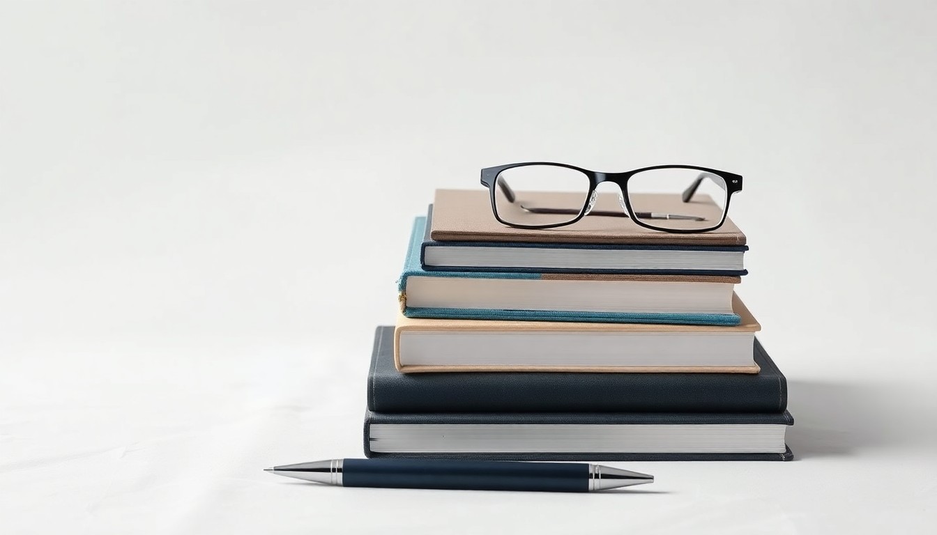 A high-end, photorealistic studio still-life photograph featuring a stack of books, a pen, and a pair of eyeglasses arranged elegantly on a clean, white seamless background, conceptually representing the academic and professional tools needed for success in business.