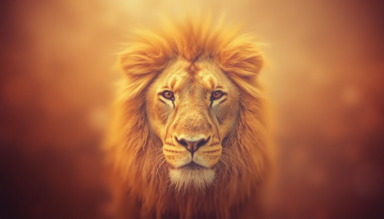 An impressionistic, out-of-focus close-up of a lion's face, with soft pools of warm color and light creating a dreamlike, atmospheric scene that captures the essence of the beloved animal.