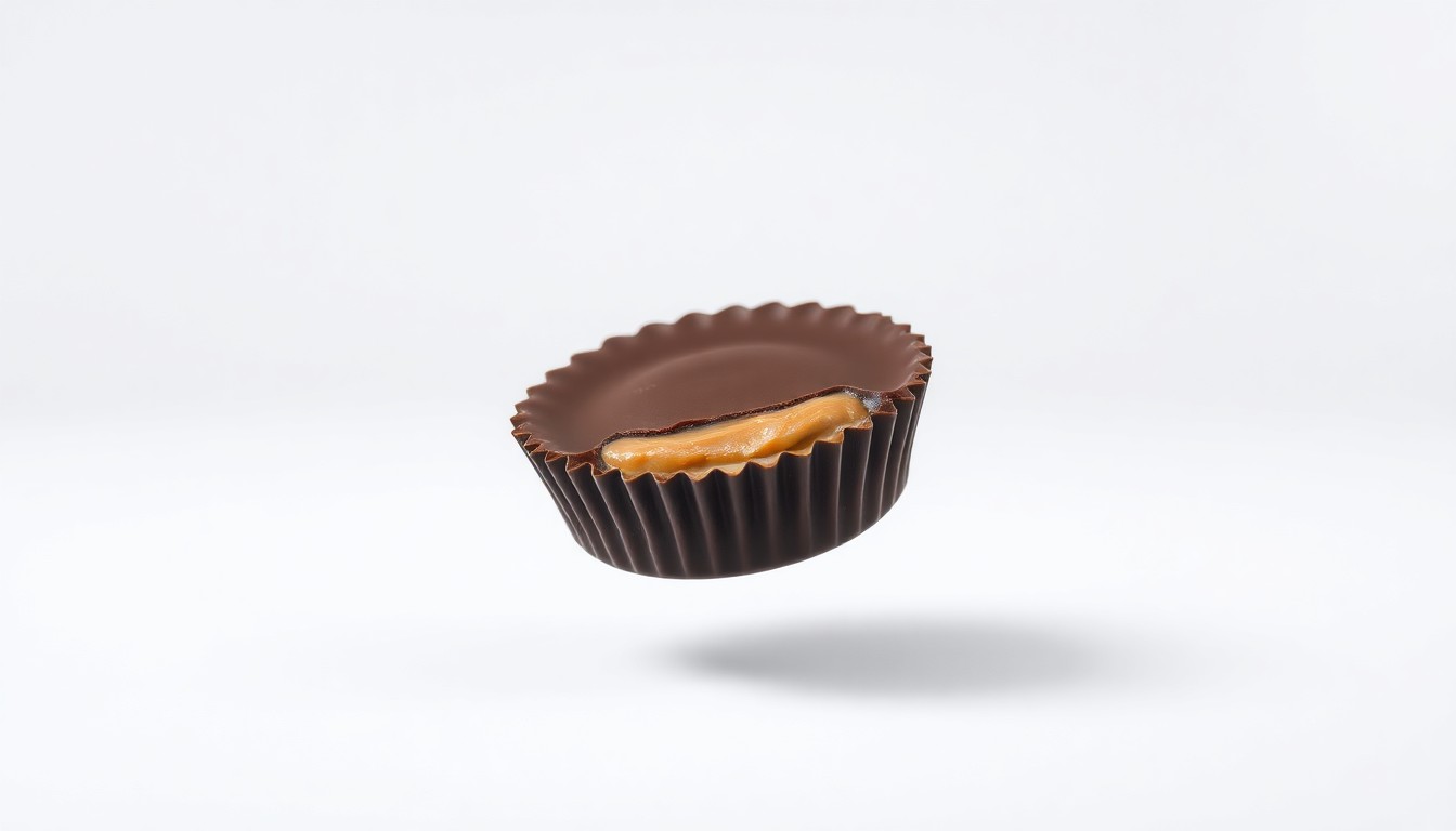 A photorealistic studio still-life image of a single Reese's peanut butter cup made with rich dark chocolate and creamy peanut butter, floating on a clean white background, conceptually representing the restoration of the original Reese's recipe.