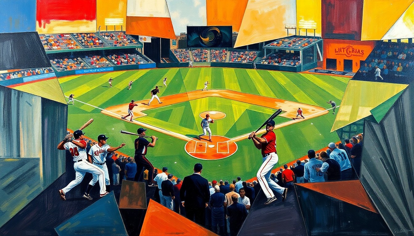 A cubist, geometric painting depicting the dynamic motion and energy of a baseball game, with players and the field reduced to abstract shapes and planes of color.