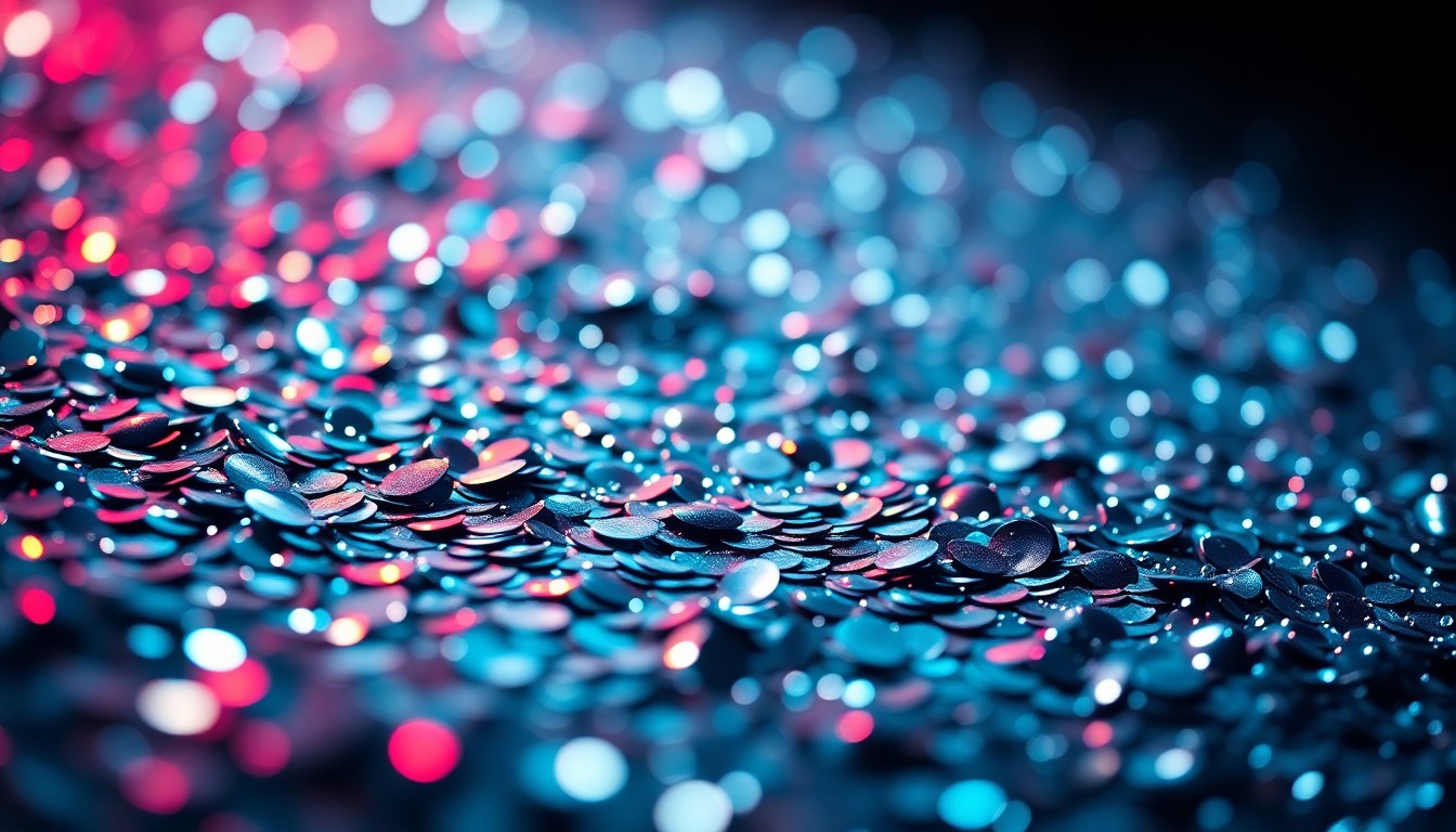 An abstract close-up photograph of shimmering sequins in dramatic, high-contrast studio lighting, conveying the glitz and glamour of the music industry without depicting any specific people, objects or scenes.