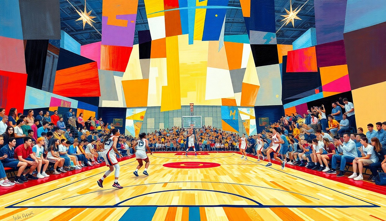 A cubist, geometric painting depicting the dynamic action of a girls' high school basketball game, with vibrant colors and overlapping shapes representing the players, court, and crowd.