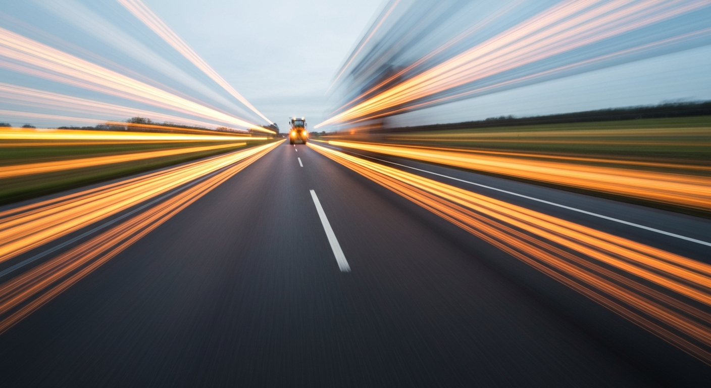 Heavily blurred and abstracted streaks of color representing a construction vehicle in motion on a rural highway, conveying the speed and chaos of infrastructure repairs.