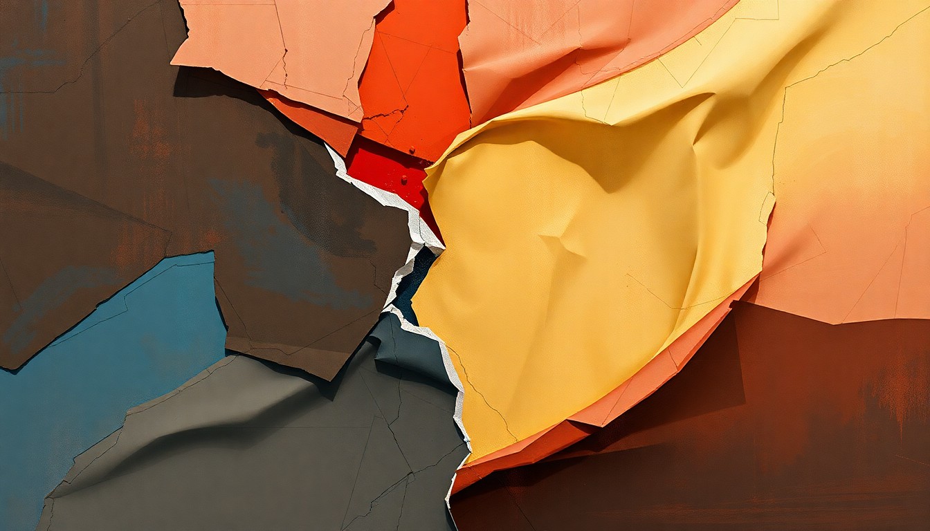A fragmented, abstract painting depicting a rainbow flag being torn apart, with overlapping geometric shapes and muted, earthy colors conveying a sense of disruption and oppression.