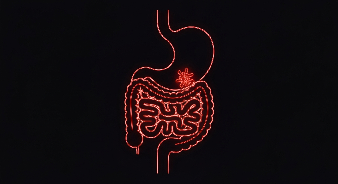 A glowing neon outline of a human digestive system against a dark background, conceptually illustrating the internal damage that can be caused by the eating disorder pica.