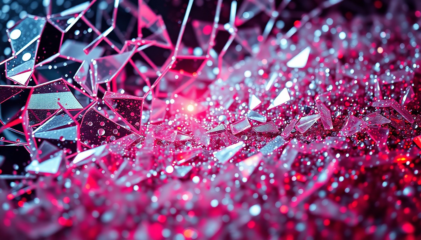 An extreme close-up photograph of shattered glass and glittering sequins, reflecting a faint red light, conceptually representing the fractured relationship at the heart of the new romantic comedy film.
