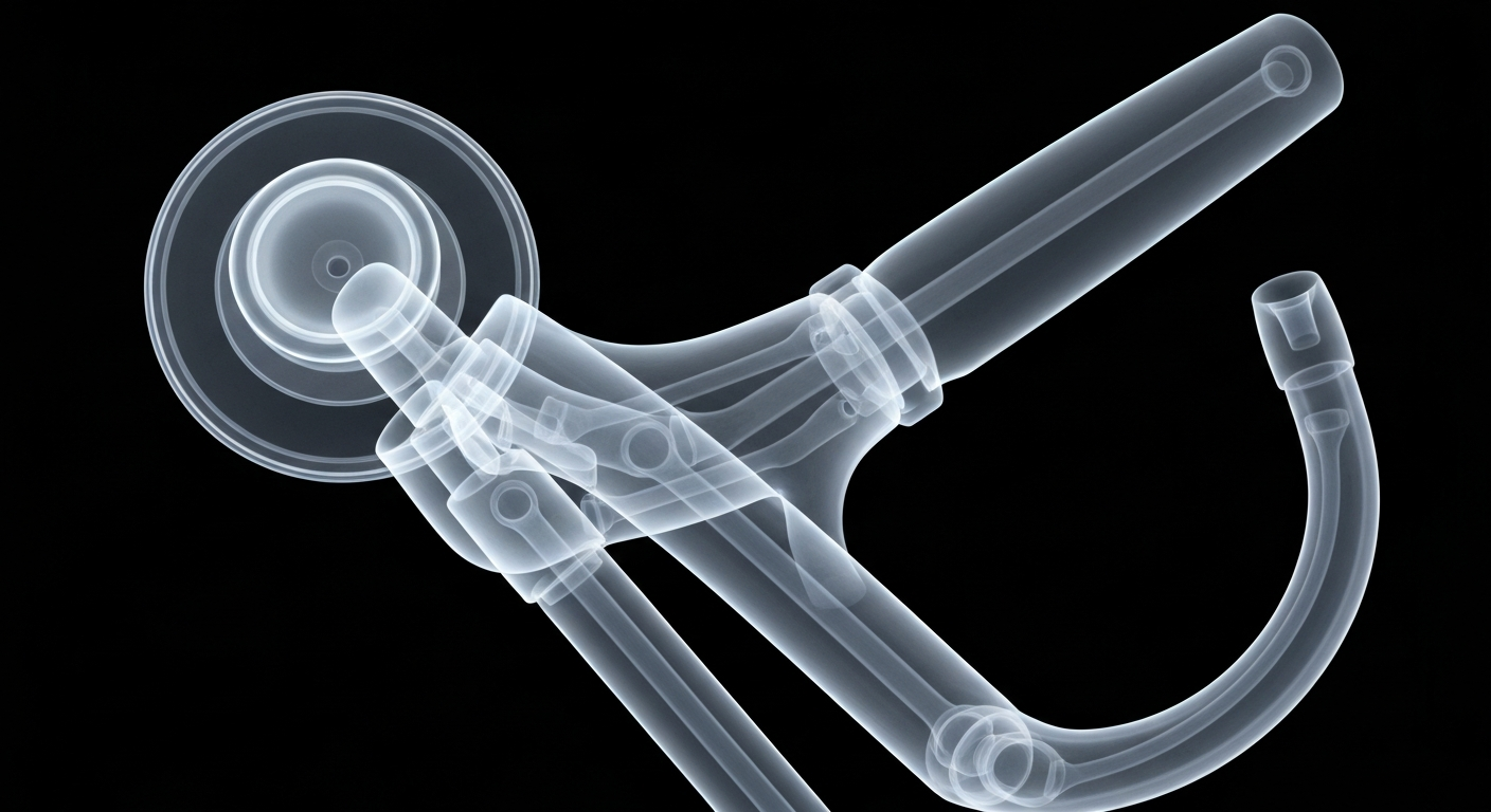 A translucent X-ray photograph revealing the internal structure of a medical instrument used in an urgent care setting, conveying the clinical and diagnostic nature of the services offered.