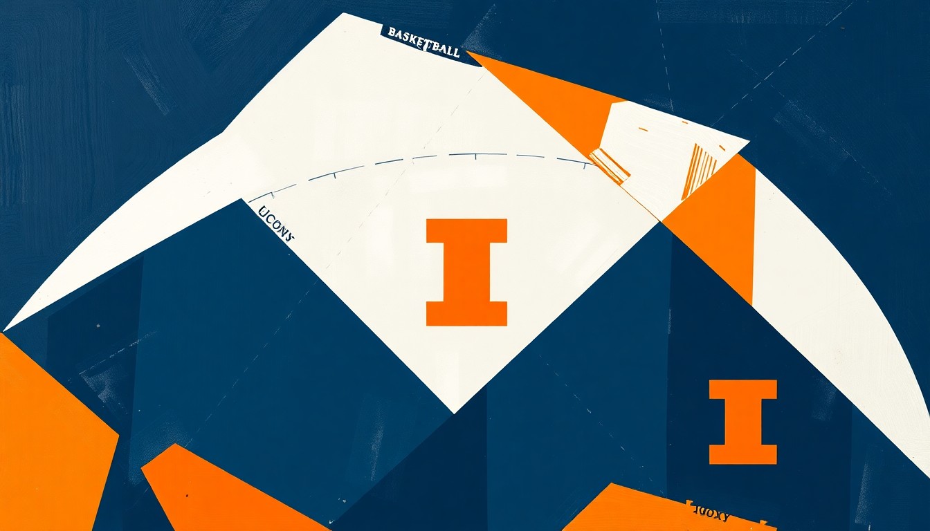 A cubist-style painting depicting a college basketball game, with the court and players fragmented into sharp, geometric shapes in navy blue, orange, and white, conveying the intensity and drama of the Final Four matchup between UConn and Illinois.