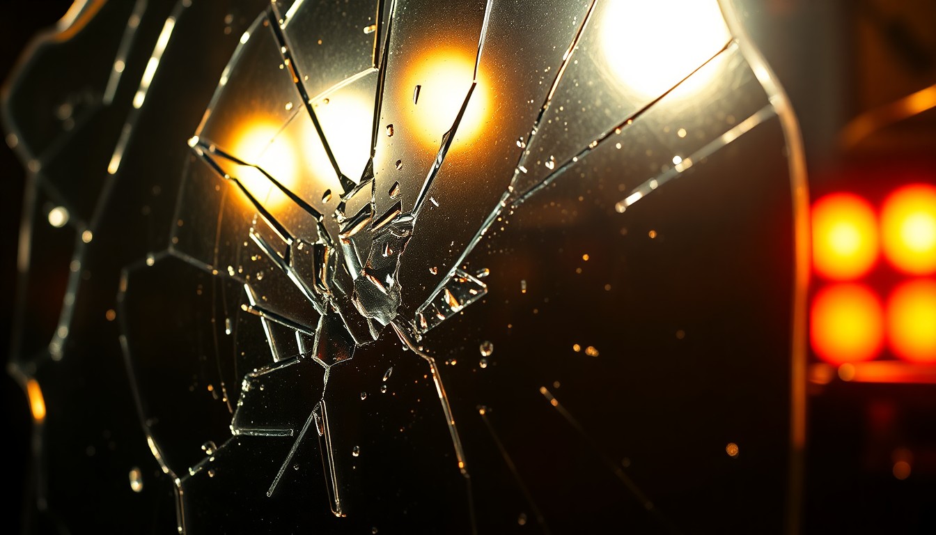 An abstract, high-contrast close-up photograph of a shattered, glittering glass surface, conceptually representing the dramatic, glamorous nature of the 9-1-1 TV series.