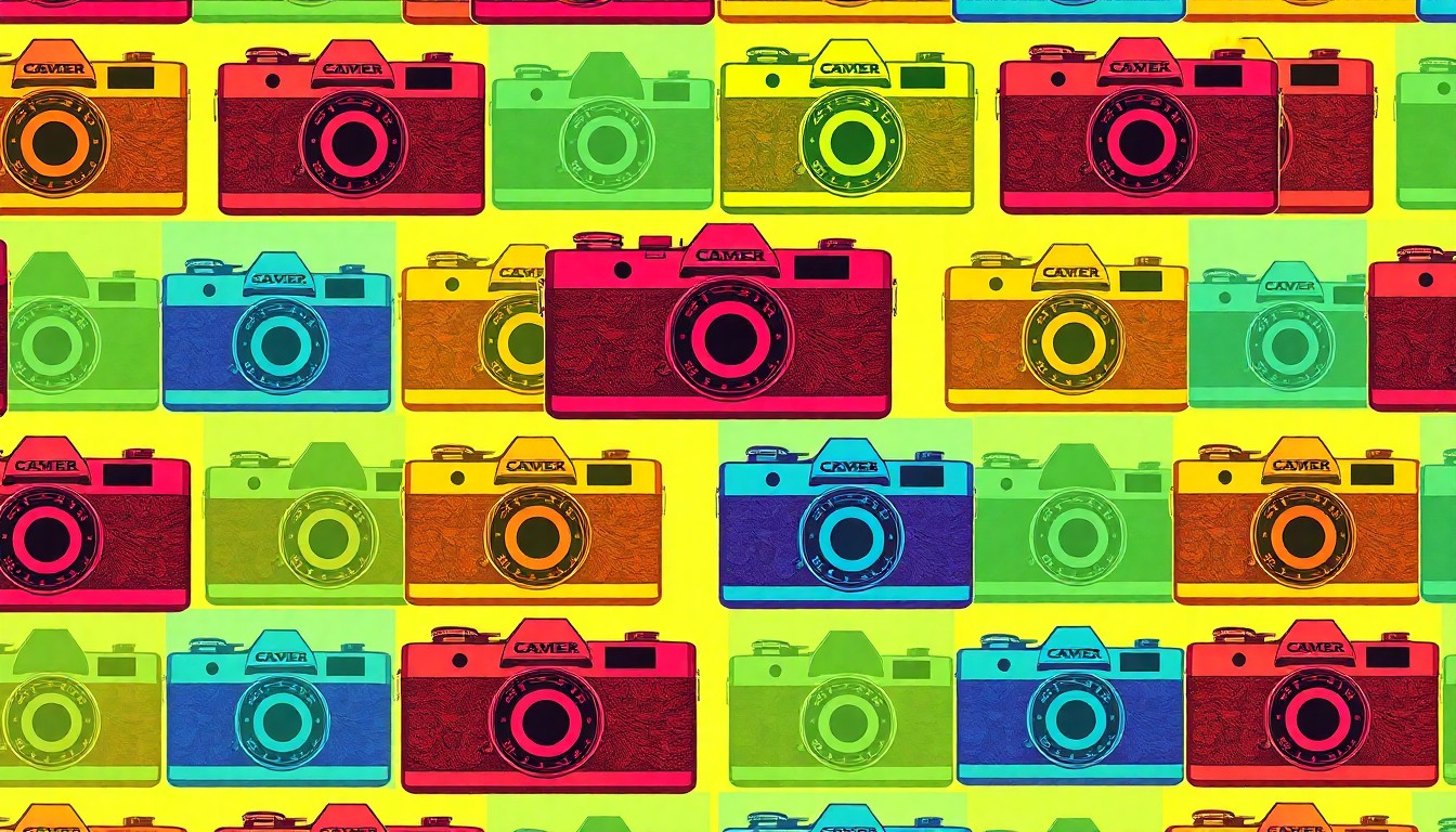 A brightly colored, high-contrast silkscreen print of a vintage camera repeated in a tight grid pattern, representing the camera shop that was central to the Marmer family's story.