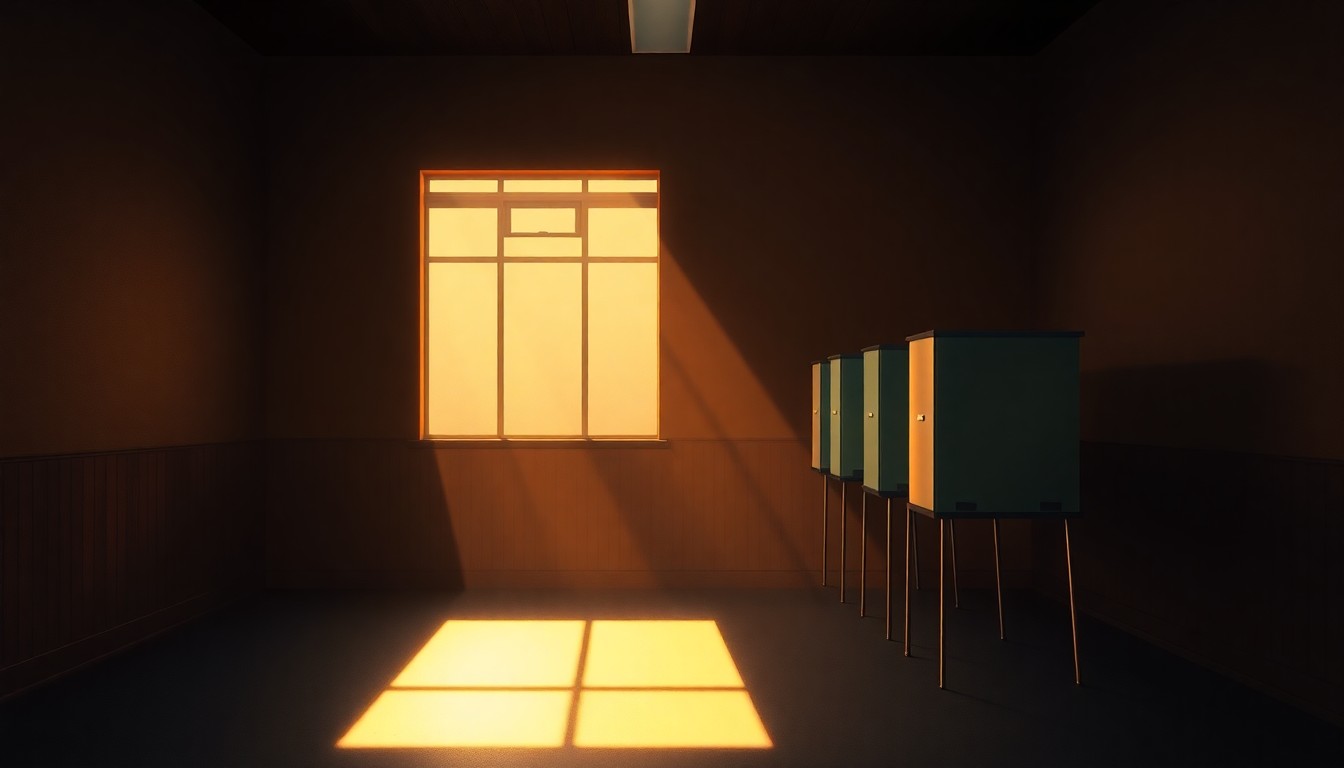 A realistic, cinematic painting of an empty voting booth in a dimly lit room, with warm light streaming in through a window and creating deep shadows. The scene evokes a sense of quiet contemplation and unease about the implications of the new voter citizenship laws.