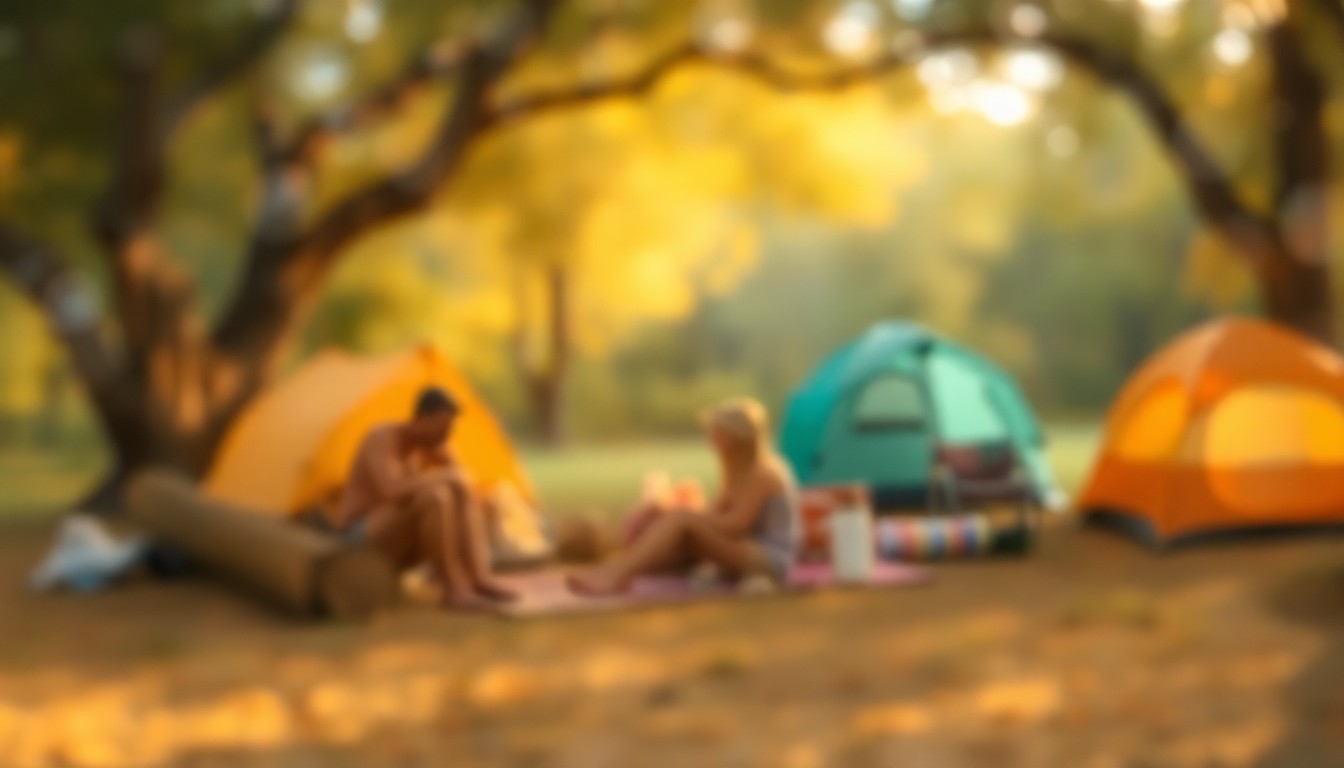 An abstract, impressionistic scene of blurred, warm-toned shapes and light, representing the festive atmosphere of families camping and celebrating in a San Antonio park.