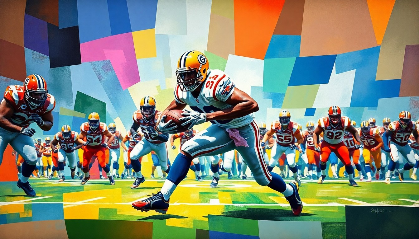 A cubist-style painting depicting a football player in mid-tackle, with the player's body and the field broken down into sharp, overlapping geometric shapes in a vibrant color palette.