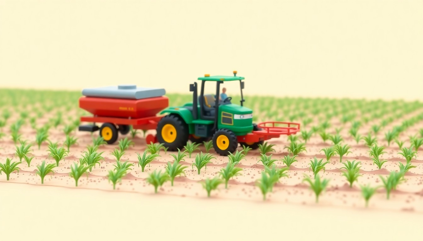 A minimalist, isometric 3D illustration depicting a tractor pulling a planter through a field of emerging crops, representing the importance of proactive agronomic practices for maximizing yields in the year ahead.