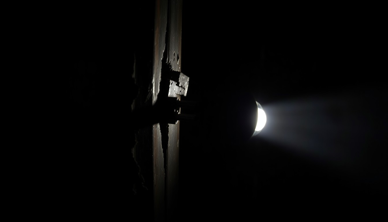 An extreme close-up photograph of a broken lock or damaged door frame, lit by a harsh, direct camera flash against a pitch-black background, conceptually illustrating the aftermath of a property crime incident.