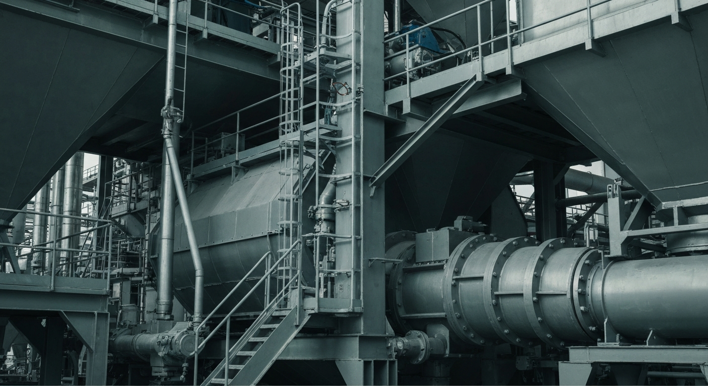 A close-up view of industrial machinery and equipment used in the production of sustainable food, feed, and fuel ingredients, conveying a sense of technological innovation and efficiency.