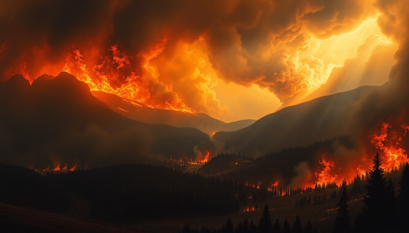 A sweeping, atmospheric landscape painting depicting a massive wildfire consuming a distant forest, with the flames and smoke dwarfing any physical structures or objects in the frame, conveying the sublime scale and power of the natural disaster.