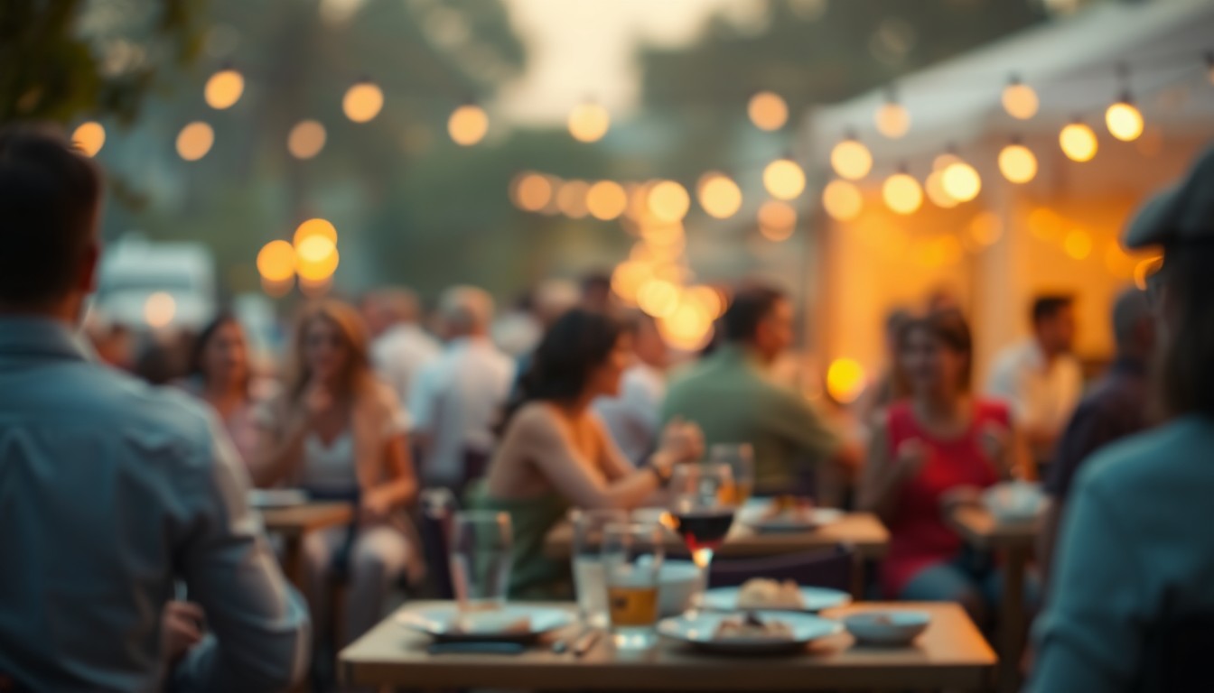A dreamy, out-of-focus photograph in soft, warm tones depicting the blurred silhouettes of people enjoying food and drinks at an outdoor event, with the faint outlines of tables, plates, and glasses visible.