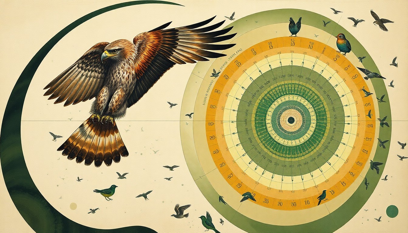 A highly textured, abstract painting in earthy tones of green, brown, and blue, featuring sweeping geometric arcs, concentric circular forms, and precise botanical spirals, conceptually representing the complex predator-prey relationships between hawks and other birds in an urban setting.