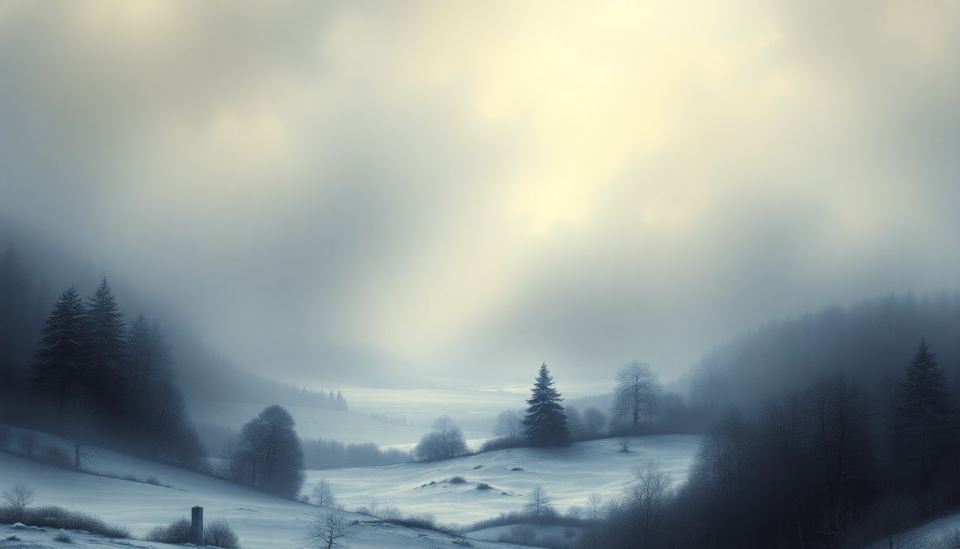 A vast, atmospheric landscape painting in muted tones of gray, blue, and white, with heavy fog and icy conditions obscuring the details of the scene and conveying the overwhelming power of a freezing rain storm.