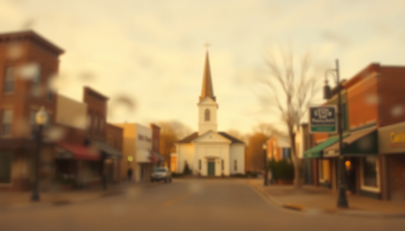 An abstract, impressionistic photograph of a blurred main street scene in a small Arkansas town, with a church steeple visible in the background, conveying a sense of warmth, nostalgia, and community.