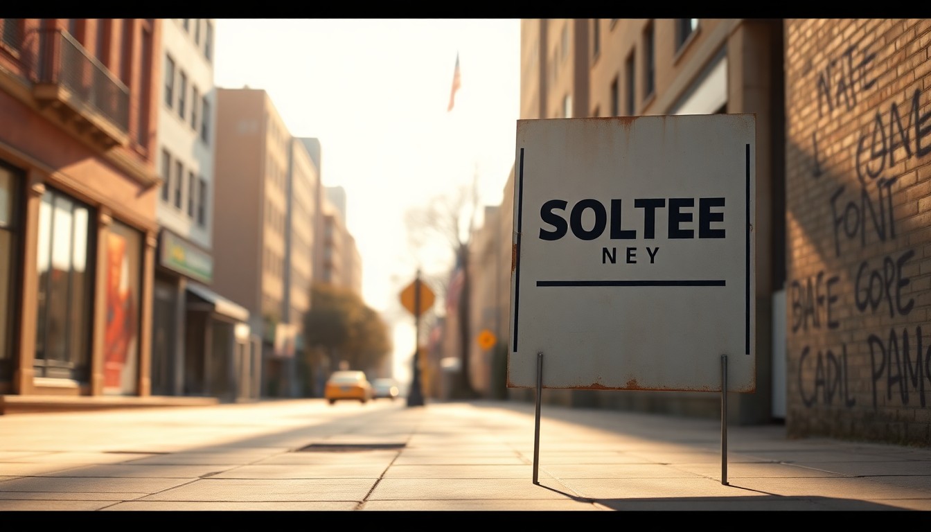 A cinematic painting of a solitary, weathered political campaign sign standing alone on an empty urban sidewalk, the sign partially obscured by shadows and bathed in warm, diagonal sunlight, conceptually representing the ongoing political divisions in the country.
