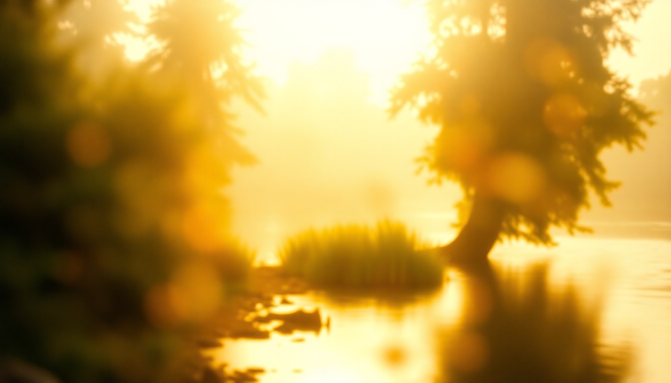 An impressionistic, out-of-focus photograph in warm tones depicting a person fishing on a riverbank, surrounded by blurred greenery and soft, glowing light, capturing the peaceful essence of the story.