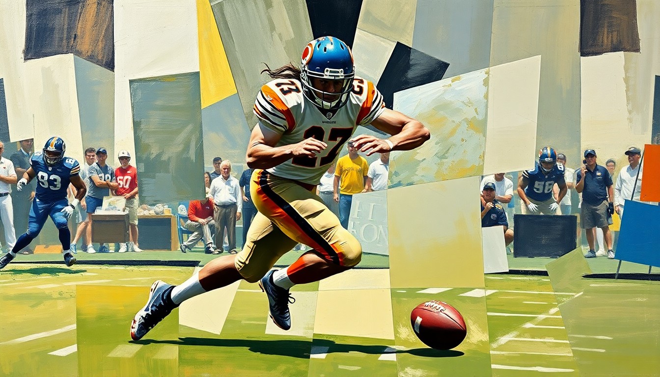 A fragmented, geometric painting depicting a football player making a defensive play, with sharp, overlapping shapes and planes representing the dynamic motion of the sport.