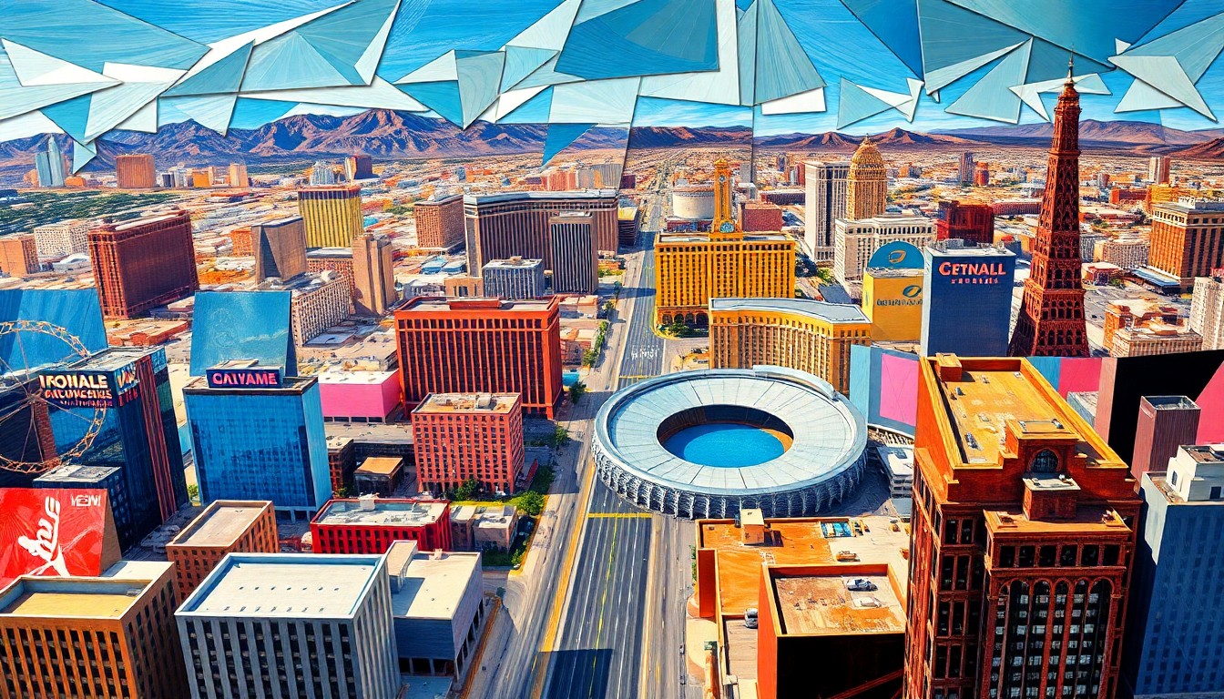 A cubist, geometric painting depicting the Las Vegas skyline and potential arena sites, with the buildings and landmarks broken down into sharp, overlapping planes of color and shape.