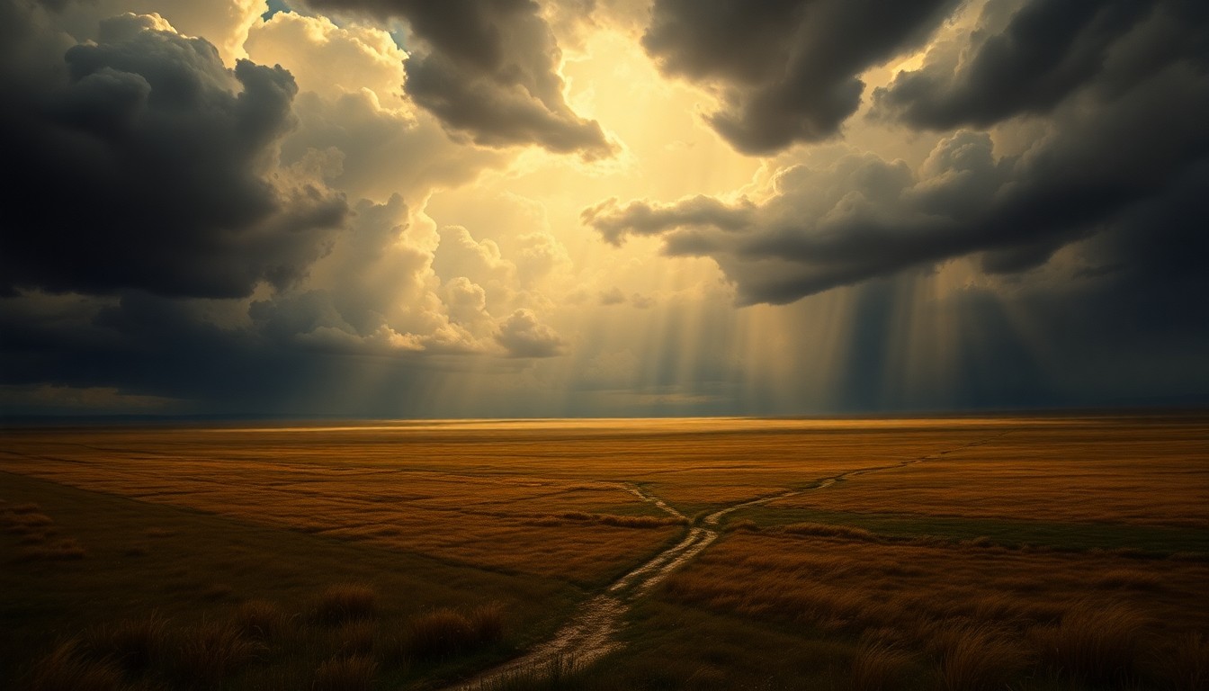 A sweeping, atmospheric landscape painting in muted tones of grey, blue, and green, depicting a vast, stormy prairie scene under a dramatic, cloud-filled sky, conveying the overwhelming power and scale of the natural weather event.