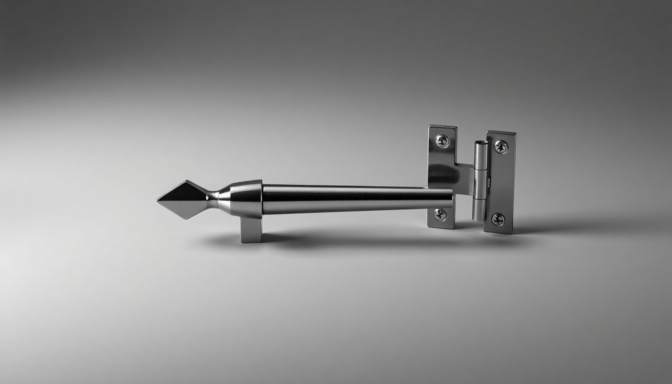 A close-up photograph of a polished, geometric iron door handle and hinges arranged on a clean, monochromatic background, representing the premium materials and craftsmanship of Alpha Iron Doors' custom iron door solutions.