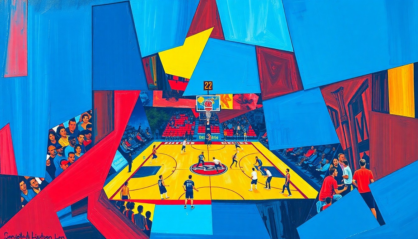 A fragmented, geometric painting depicting the dynamic movements and energy of a college basketball game, with sharp planes of blue, maize, and red hues creating a conceptual representation of the Wolverines' quest for a national championship.