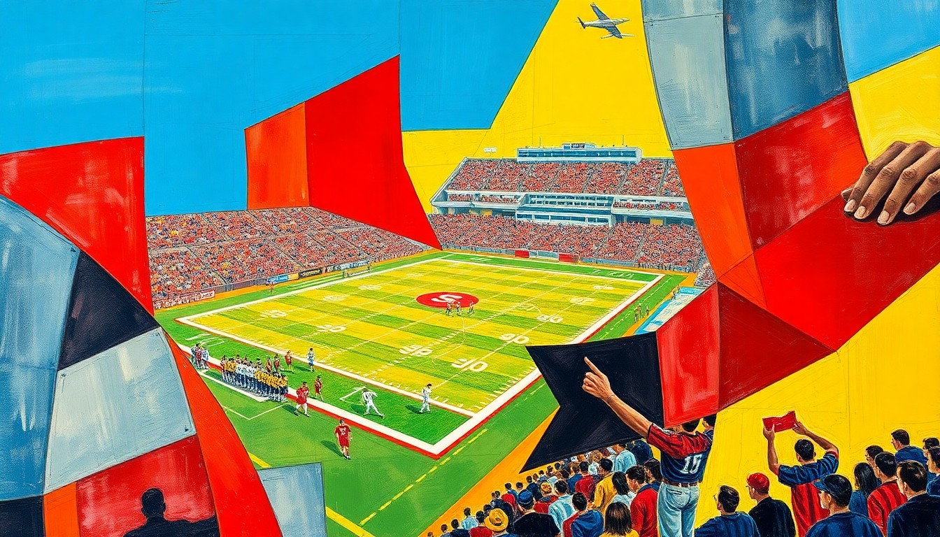 A fragmented, geometric painting depicting a high school sports field, players, and fans in a vibrant color palette, conceptually representing the induction ceremony for the Highland High School Rebel Athletic Hall of Fame.