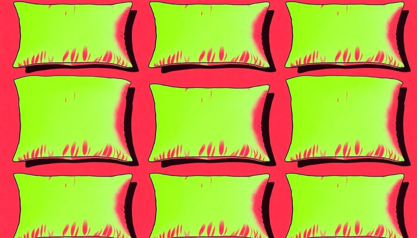 A highly stylized, abstract grid of brightly colored memory foam pillows in a modern pop art silkscreen style, conceptually representing the consumer scrutiny surrounding the Derila ERGO product.