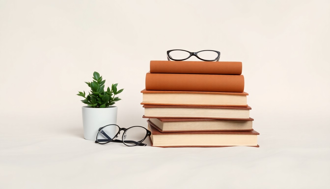 A minimalist studio photograph featuring a stack of hardcover books, a small potted plant, and a pair of reading glasses, arranged elegantly on a clean, off-white background to symbolize the themes of leadership, diversity, and organizational culture.