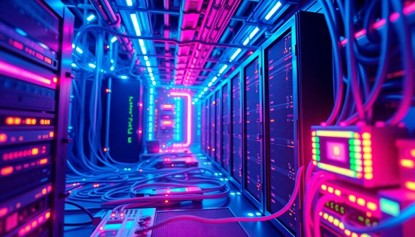 A highly detailed, glowing 3D illustration of interconnected media infrastructure components such as servers, cables, and data centers, illuminated by vibrant neon lights, conceptually representing the powerful, next-generation technology platform that Digitalage is building to transform the digital media industry.