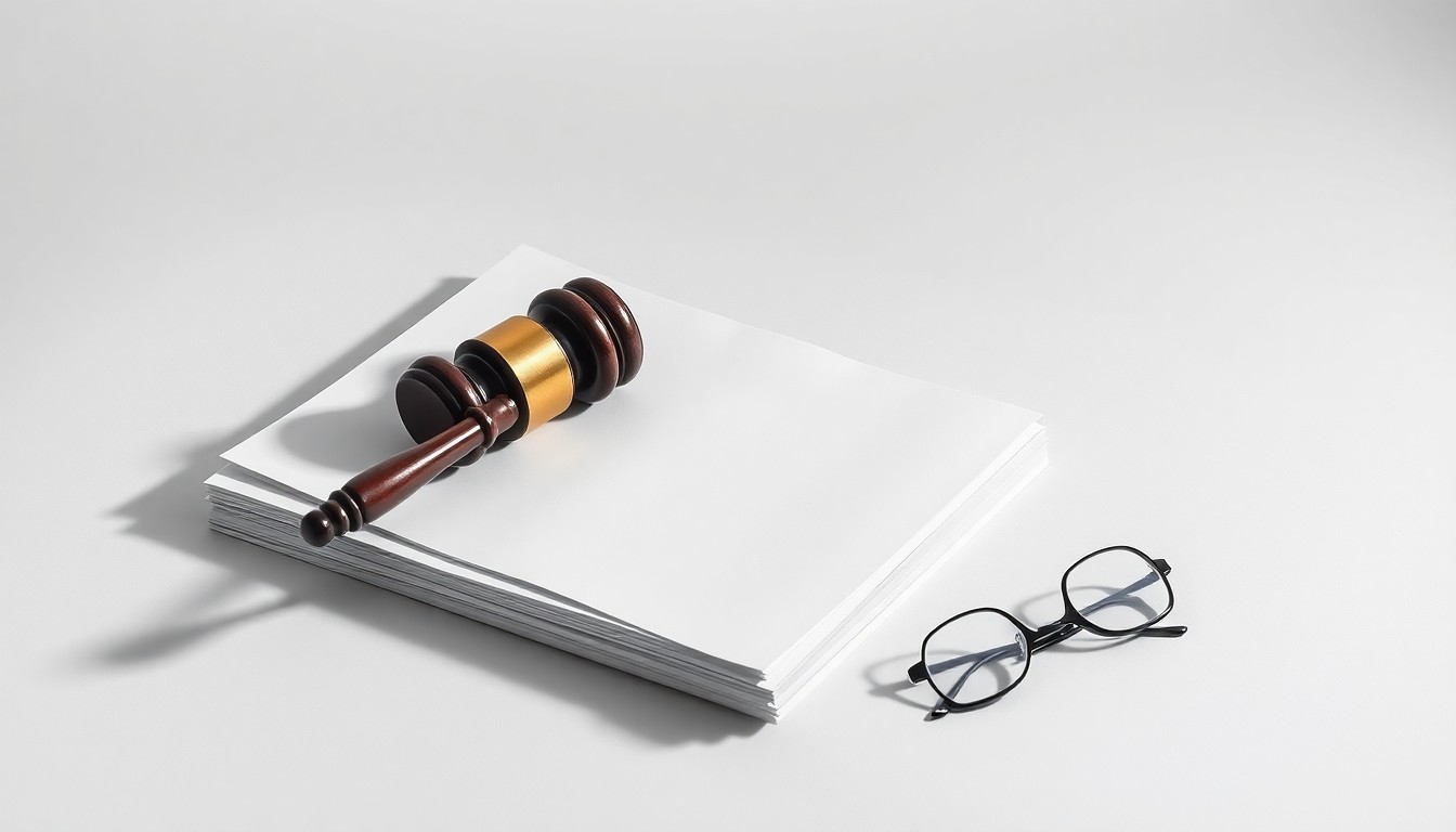 A photorealistic studio still life featuring a stack of legal documents, a gavel, and a pair of reading glasses, conceptually representing the abstract legal proceedings surrounding a corporate merger.