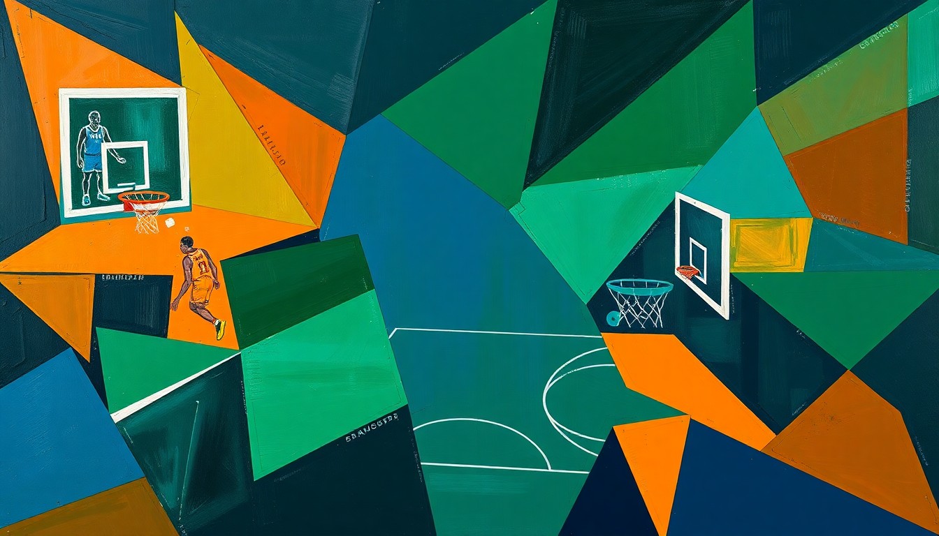 A cubist, geometric painting depicting a fragmented basketball game or competition, with sharp, overlapping shapes in navy blue, forest green, and burnt orange, conveying the complex emotions surrounding the Illinois program's history with Bruce Pearl.