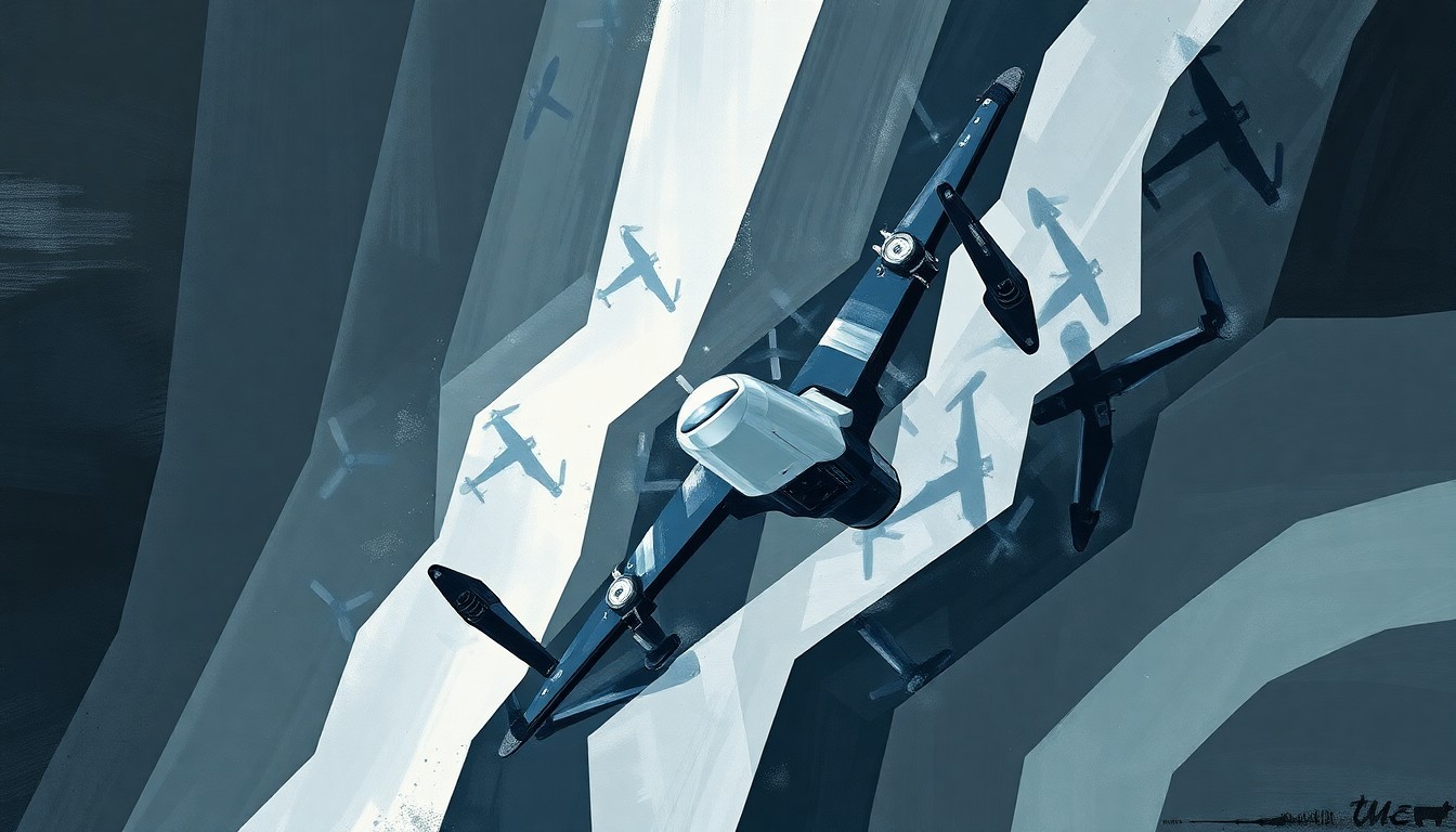 A dynamic, abstract painting of a drone interceptor in mid-flight, repeated in overlapping, geometric waves of dark grey, navy blue, and metallic silver, conveying a sense of motion and conflict.